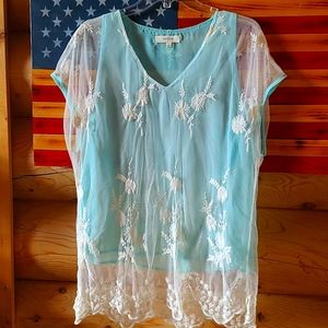 Teal/and Lace Umgee USA Blouse